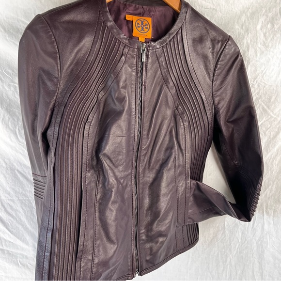 Tory Burch Leather Jacket Women Size 6 Oxblood Burgundy Zip Cropped Moto Coat - Picture 5 of 16